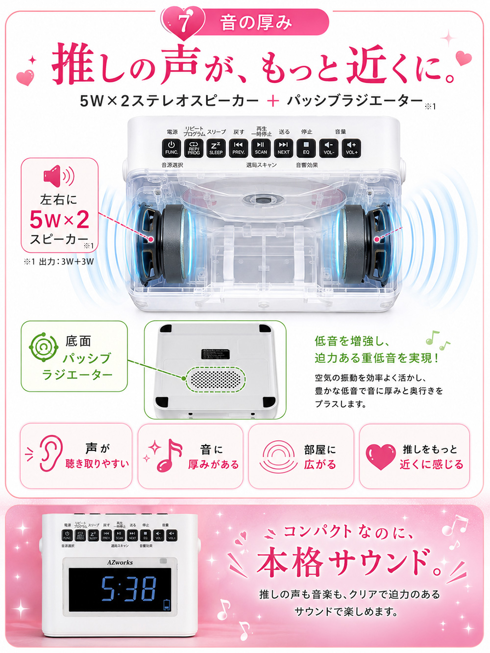 ステレオスピーカーとパッシブラジエーターを搭載した音響構成