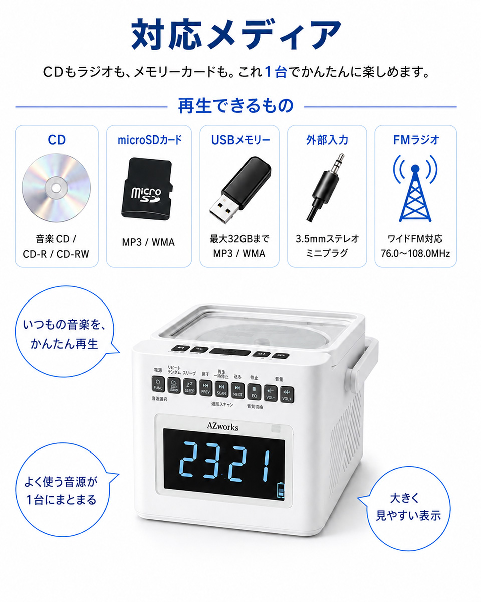 対応メディア：CD・microSDカード・USBメモリー・外部入力・FMラジオ